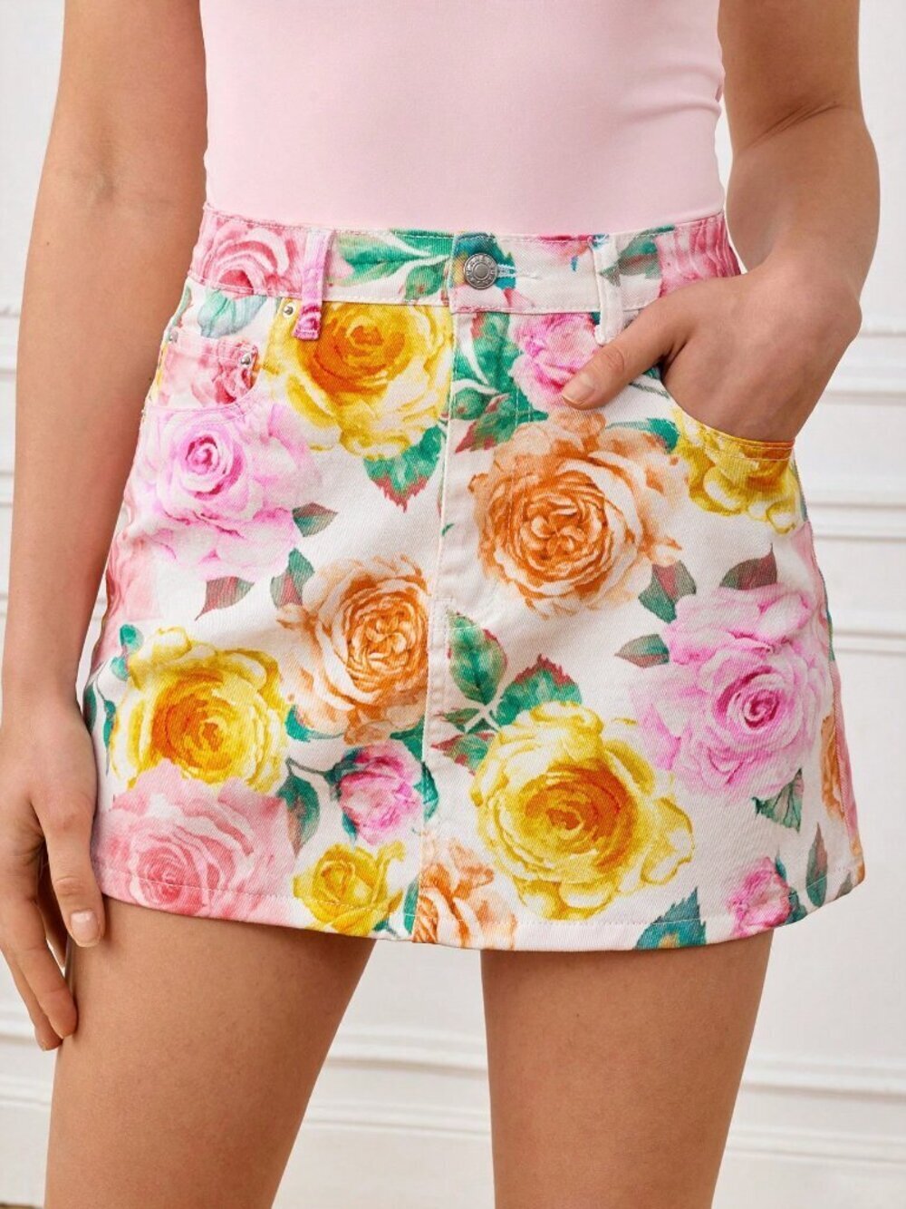 White Boho Women's Elegant Watercolor Floral Print Denim Skirt